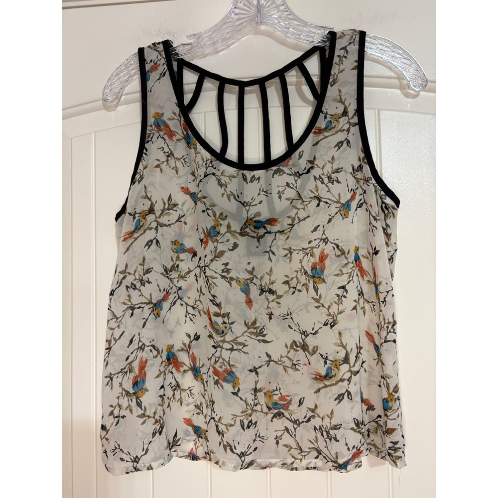 Wet Seal Sheer Bird Print Strappy Cage Back Tank Top Cream M Sleeveless Y2K - Picture 1 of 8
